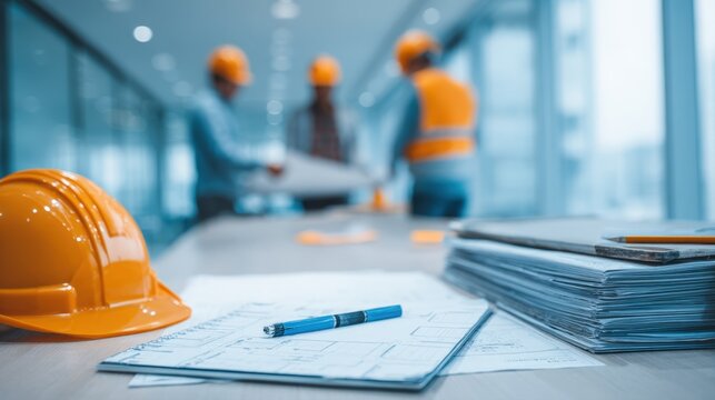 blue pen, blueprints, and an orange hard hat on an office table. In the background, construction professionals discuss plans, representing engineering, safety, and project management teamwork.