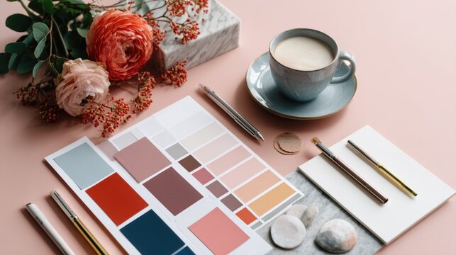Elegant flat lay for creative design and branding themes. Features color palette card, coffee, flowers, designer tools on pink background, symbolizing inspiration, aesthetic, interior design planning