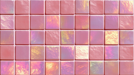 A Stunning Display of Iridescent Pink Metallic Opaline Tiles with Subtle Grout That Enhance Any Modern Interior Aesthetics