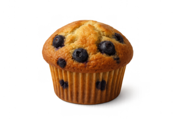 Blueberry muffin with golden brown top and visible berries, delicious sweet baked good shot on transparent background