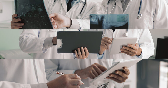 Workflow of doctors using technology, engaged in teamwork, collage view