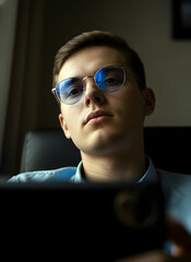 Young man wearing glasses looking thoughtfully at a laptop screen