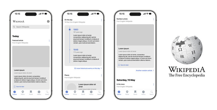 Wikipedia UI mockup with article pages, search, table of contents, references, images, infoboxes, edit options, categories, and modern clean interface vector illustration