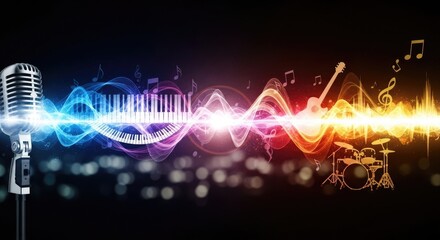 Vibrant musical energy with bright glowing sound waves emanating from a microphone, flowing past piano keys, a guitar, and drum set, amidst many floating notes.