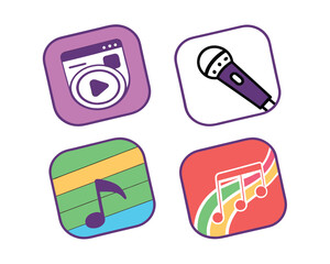 Colorful Music and Entertainment Icons on White Background Representing Different Forms of Media and Artistic Expression