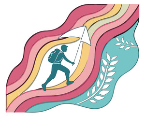 Silhouette of a traveler climbing to new heights with a backpack in an abstract nature landscape design and colorful layers