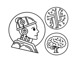 Futuristic Artificial Intelligence Concept with Robot Profile Circuit Board and Brain Outline Black and White Illustration Depicting Innovation Technology and Machine Learning