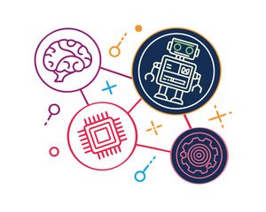 Artificial Intelligence and Machine Learning Concept Illustration Featuring Brain Microchip Robot and Gear Iconography