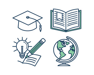 Collection of Education Themed Icons Featuring Graduation Cap Open Book and Globe for Learning and Growth