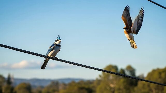 Graceful Blue Jay and Soaring Bird Dynamics Aerial Display on Power Line Nature Flight.