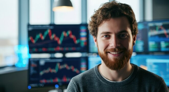 Confident bearded man smiling in a modern office with multiple screens displaying financial stock market data and charts, a successful trader or analyst.