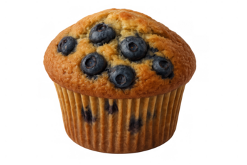 Blueberry muffin displaying a golden-brown top with fresh blueberries, baked for a sweet breakfast or snack, transparent background