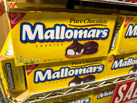 Mallomars Pure Chocolate Cookies Boxes on Grocery Store Shelf