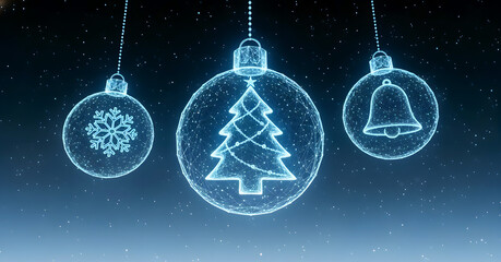 Glowing christmas ornaments with festive designs hanging in dark