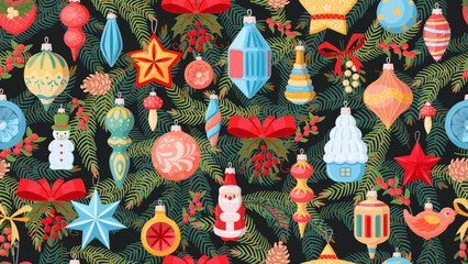 Christmas fir tree design. Winter holidays xmas decorations seamless pattern, festive decor flat vector background illustration. Christmas holidays endless design