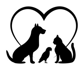 Dog cat bird friendly pets vet logo with heart in background minimalist illustration