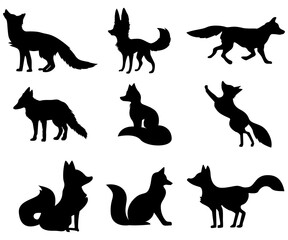 fox predator animal wildlife silhouettes in different positions collection