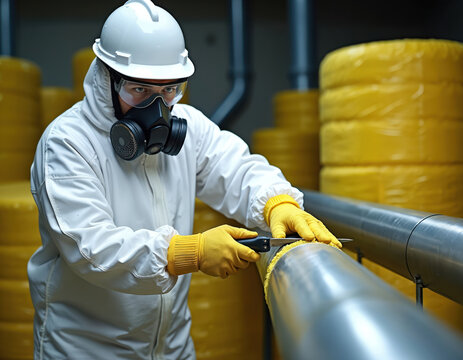 Expert in protective suit removes asbestos insulation from pipes. Workman uses knife, wearing mask gloves, safety glasses. Safe work in industrial environment with hazardous materials. Health, safety