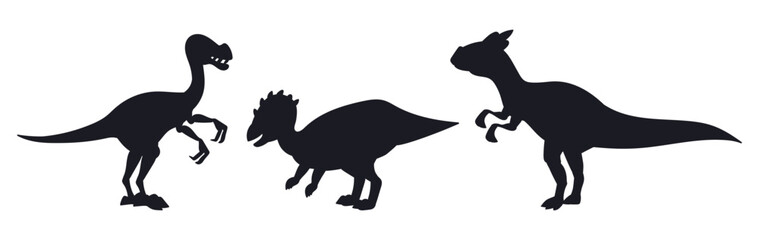 Dinosaur silhouettes. Jurassic triceratops and homolocephalus ancient animals flat vector illustration set. Wild dinos silhouettes on white © GreenSkyStudio