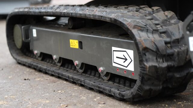 Tracked undercarriage of industrial machinery with visible warning labels and tension rollers, representing heavy equipment engineering, design, and mobility mechanism