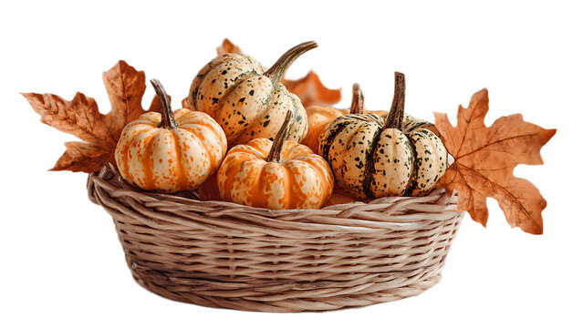 A basket filled with small pumpkins and autumn leaves creating a seasonal fall arrangement look 100char
