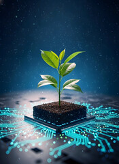 Young green plant growing from soil on a digital circuit board