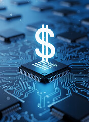 Glowing dollar sign rests on a computer chip with blue circuitry