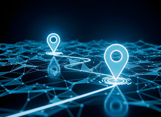 Digital map with glowing location pins and connected network lines