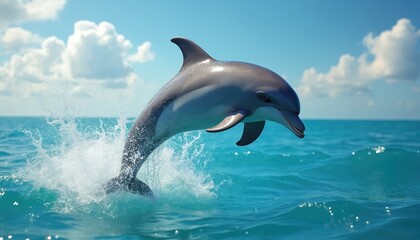 Fototapeta premium Dolphin jumps out of blue ocean water against the sky background. Marine mammal showing up from the sea. Oceanic animal enjoys sunny day. Aquatic life concept photo.
