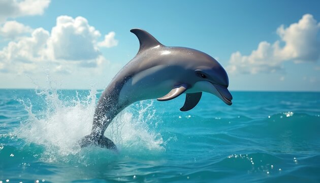 Dolphin jumps out of blue ocean water against the sky background. Marine mammal showing up from the sea. Oceanic animal enjoys sunny day. Aquatic life concept photo.