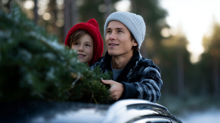 Father and young boy strapping a freshly cut Christmas tree to the roof of their car outdoors in a snowy wintry setting, father wearing a knit beanie and flannel, son in a Santa ha