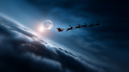 Santa Claus flying across the night sky in a sleigh pulled by reindeer, giant full moon glowing behind, strong moonlight reflection on snow, magical Christmas atmosphere, falling s