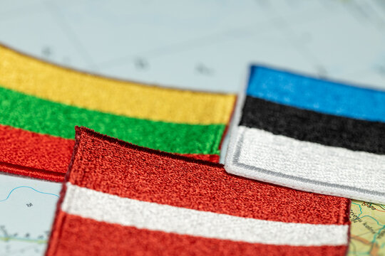 Flags of Lithuania, Latvia, and Estonia. Baltic states. Eastern Europe.