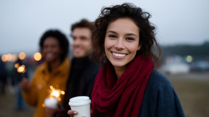 A group of joyful young friends celebrating outdoors in winter evening, holding glowing sparklers and takeaway coffee cups, dressed in cozy scarves, coats, and mittens. Warm festiv