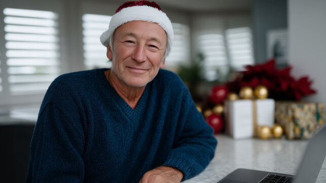 Highly detailed lifestyle photograph of an elderly man wearing a Santa hat and a cozy blue sweater, sitting in a modern, bright kitchen during the Christmas season. He is engaged i