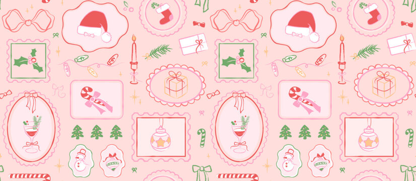Christmas seamless pattern with festive holiday elements in colorful frames. Hand drawn Santa hats, holly leaves, stockings, gifts, bows and cocktails. Ornate pastel background for seasonal design.