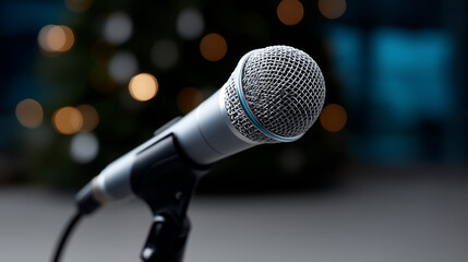 Close-up of a professional microphone on stage before a Christmas concert. The background softly fades into a bokeh of glowing golden lights and decorated Christmas trees with twin