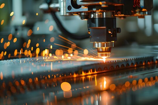 A laser cutter is in action, creating sparks as it cuts through metal. The scene showcases the high-tech equipment and precision involved in modern manufacturing processes