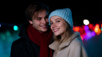 A young couple standing close together, smiling and looking into each otherâs eyes, wrapped in glowing multicolored Christmas string lights. The man wears a Santa hat and red scarf