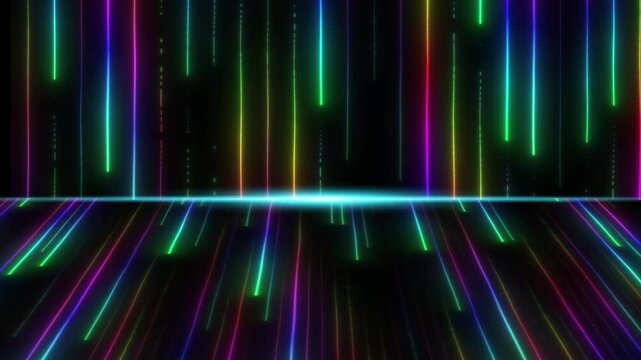 Data flow wall neon rainbow lines pulsing in dark room, vertical streaks on black, dynamic concerts stage retro futuristic digital background for music, tech or gaming visuals ads or virtual stages