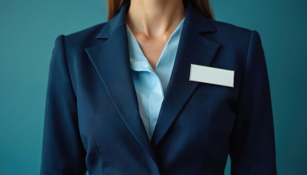 Female employee in pro navy blue uniform jacket. Corporate worker wears blouse, blank name badge on lapel for mockup. Business clothing template for airline hotel service. Empty tag ready for name.