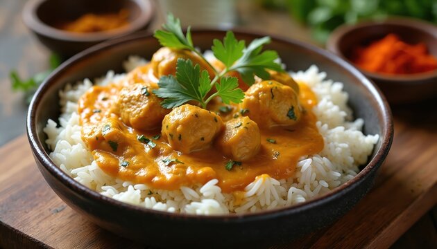 Chicken korma served with white rice and fresh parsley garnish. Creamy orange sauce coats tender chicken pieces atop fluffy basmati grains. Delicious indian cuisine.
