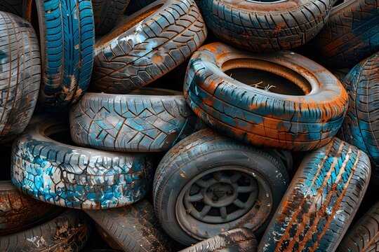 A collection of used tires is piled high, displaying various levels of wear