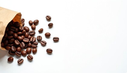 Naklejka premium Brown paper bag with roasted coffee beans spills onto white surface. Whole coffee beans scatter on table. Aroma of fresh coffee fills air. Morning beverage for energy.