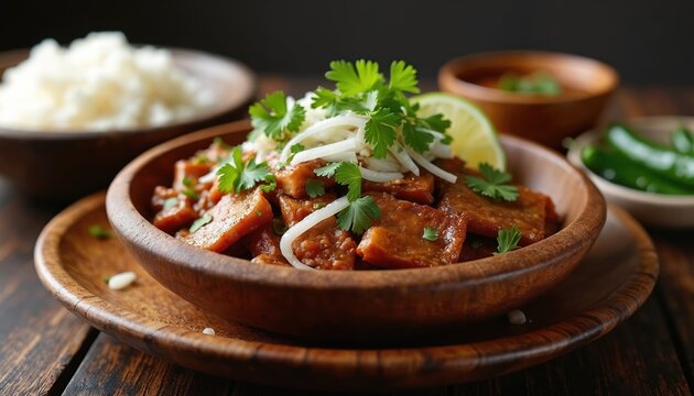 Delicious sisig dish served in wooden bowl. Traditional Filipino food includes pork meat with vegetables herbs and spices. Rice lime green peppers add flavor to this meal.