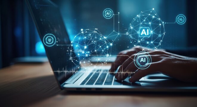 Hands typing on laptop keyboard, engaging with advanced artificial intelligence, big data processing, and digital network technology