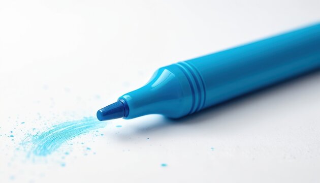 Closeup of blue marker pen isolated on white surface. Marker draws line on white paper. Art supply tool for drawing writing sketching on blank paper background. Design equipment for school office.