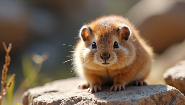 Small brown fluffy rodent with big eyes sits on rock in nature. Cute furry mammal in wild, natural habitat, outdoor environment. Adorable small animal poses for picture.