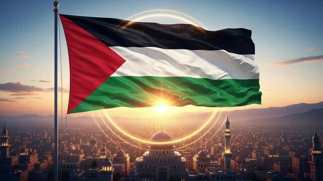 Palestinian flag waving majestically over illuminated Middle Eastern city at sunset with golden light rings and sun flare