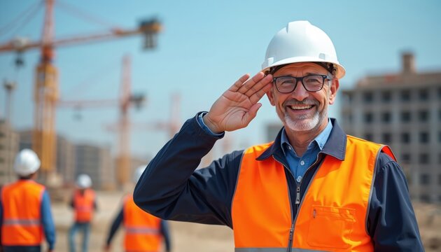 Construction supervisor salutes on site. He wears safety vest and hard hat. Workers and cranes visible in background. He looks happy and experienced.